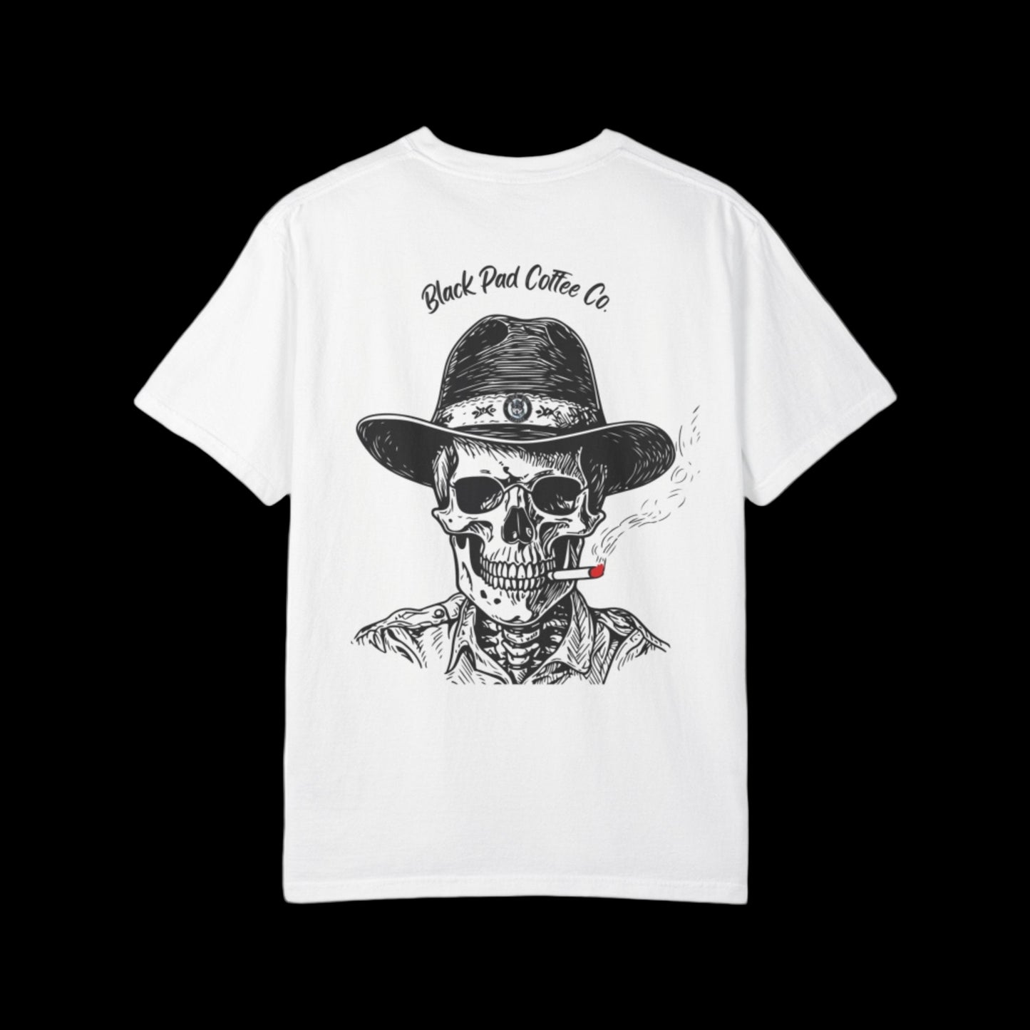 White t-shirt with a black and white graphic of a skeleton wearing a hat and smoking a cigarette, with 'Black Pad Coffee Co' text on the back.