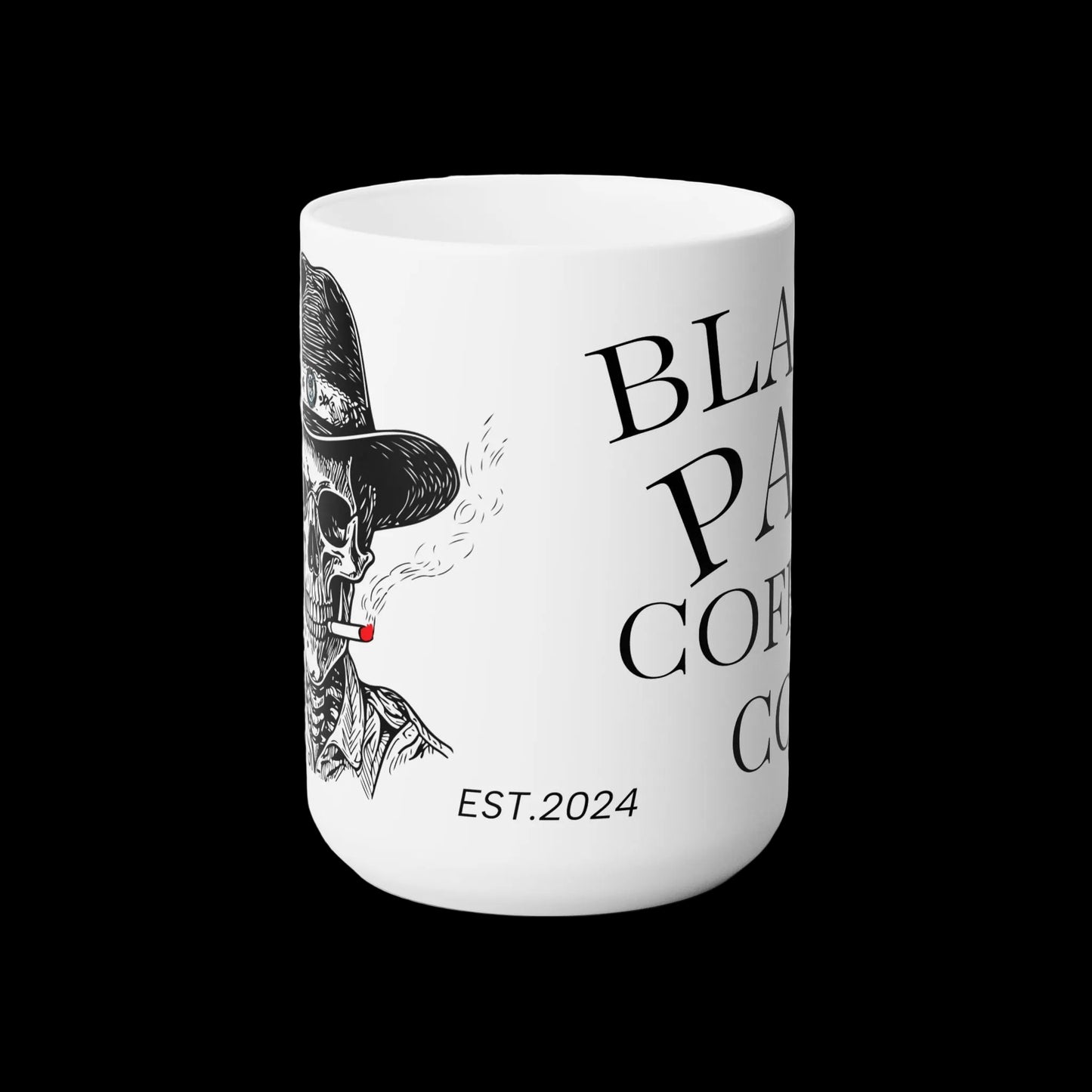 Coffee mug with Black Pad Coffee and the black bones skull