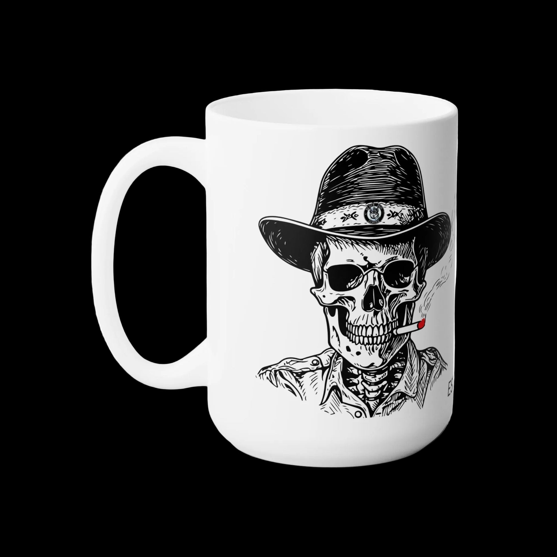 Coffee mug with Black Pad Coffee Company writing and the original black bones