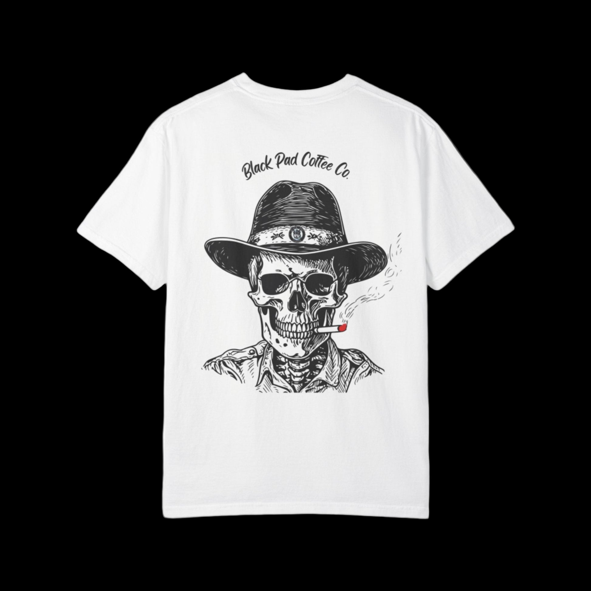White t-shirt with a black and white graphic of a skeleton wearing a hat and smoking a cigarette, with 'Black Pad Coffee Co' text on the back.